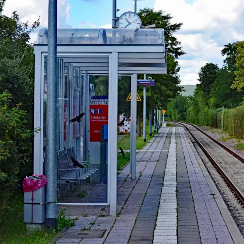 Eine Bahnstation mit einem Wartebereich und Gleisen. Im Hintergrund sind Bäume und ein kleines Haus zu sehen.