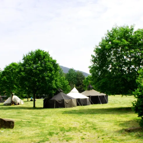 3 große Rundzelte (schwarz und weiß), Bäume