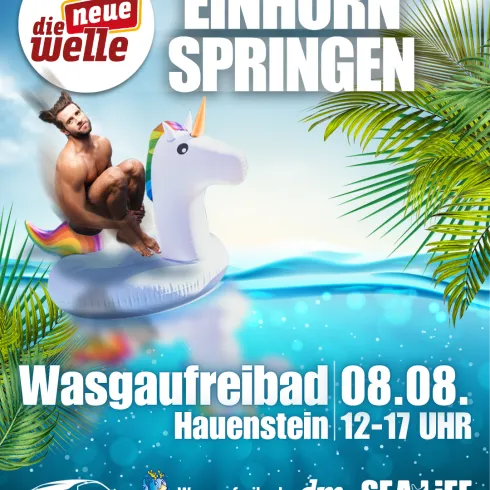 Ein Mann sitzt auf einem aufblasbaren Einhorn im Wasser. Über dem Bild steht "Einhorn Springen" mit Informationen zur Veranstaltung.