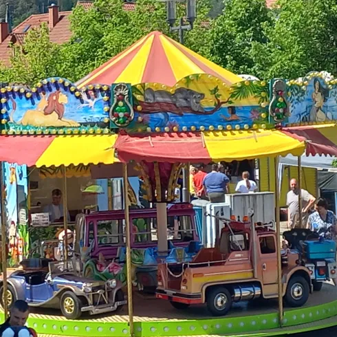 Ein bunter Karussell mit kleinen Autos, umgeben von grünen Bäumen. Viele Kinder und Erwachsene stehen darauf und genießen die fröhliche Atmosphäre.