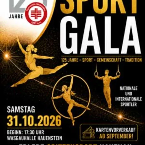 Ein Plakat für die Sportgala des Turnvereins 1901 e.V. Hauenstein. Es zeigt Informationen zu Datum, Uhrzeit und Sportarten sowie die Feier des 125-jährigen Bestehens.