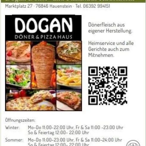 Ein Werbeplakat für das Dogan Döner- und Pizzahaus in Hauenstein. Es zeigt verschiedene Gerichte, einschließlich Döner und Pizza, sowie Kontaktinformationen und Öffnungszeiten.