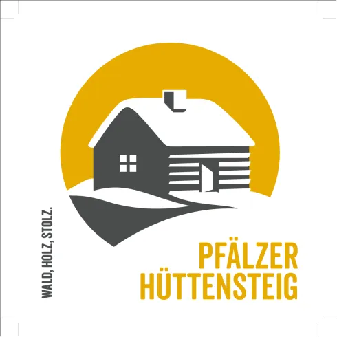 Ein stilisiertes Bild einer Hütte vor einem gelben Hintergrund. Der Text "Pfälzer Hüttensteig" steht darunter.