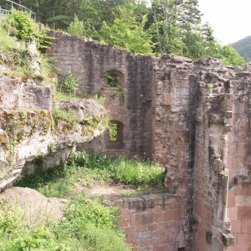 Ruinen einer alten Burg, umgeben von grüner Vegetation. Felsen und Mauerreste sind deutlich sichtbar. Hier sind die Überreste der Burg Neidenfels zu sehen.