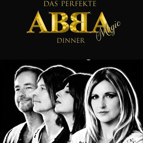 Eine künstlerische Darstellung von vier Personen, die an einem ABBA-Dinner teilnehmen. Der Hintergrund ist schwarz, und der Titel in Goldschrift hebt das Thema hervor.