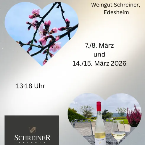 Ein Werbeflyer für eine Veranstaltung in Edesheim. Es zeigt Mandelblüten und Wein in herzförmigen Designs.