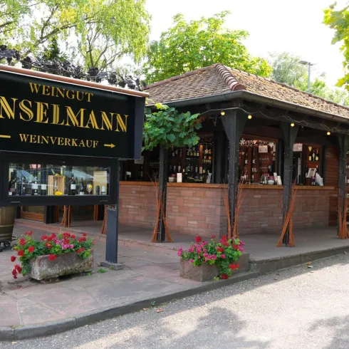 Ein Weingut mit einem einladenden Verkaufshäuschen und einer schönen Terrasse. Blumen und Weinfässer dekorieren den Außenbereich.