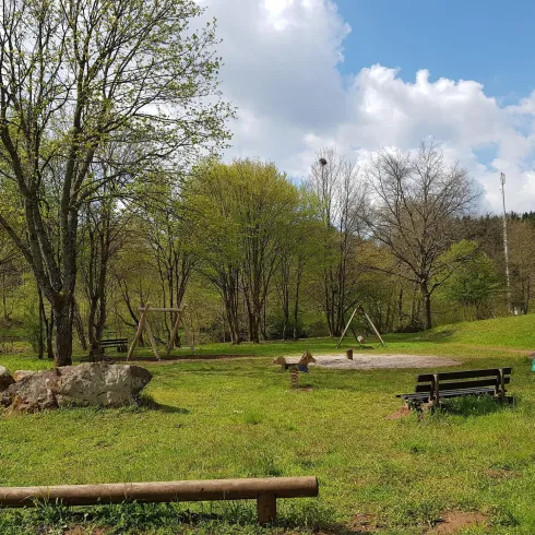 Ein ruhiger Spielplatz umgeben von Bäumen und frischem Grün. Im Hintergrund sind Schaukeln und Bänke zu sehen.
