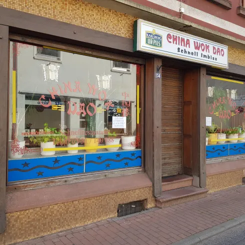 Das Bild zeigt ein chinesisches Restaurant namens "China Wok Dao" mit einer einladenden Fensterfront. Bunte Blumentöpfe und eine klare Beschriftung vervollständigen das kleine Geschäft.