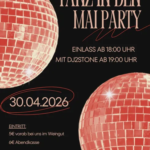 <p>Plakat zum Tanz in den Mai mit rosa Discokugel, Öffnungszeiten und Preisen </p>