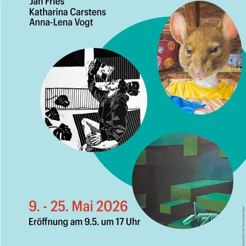 Ein Plakat für eine Kunstausstellung mit dem Titel "Ausgangspunkt". Es zeigt verschiedene künstlerische Werke und Informationen zur Veranstaltung, die vom 9. bis 25. Mai 2026 stattfindet.