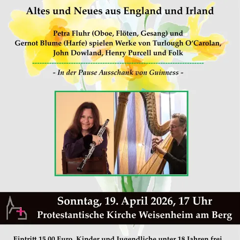 Ein Plakat für ein Frühlingskonzert mit dem Titel "Guinness, Folk & Blessings". Es zeigt Informationen über die Veranstaltung, darunter das Datum, die Uhrzeit und die Künstler.