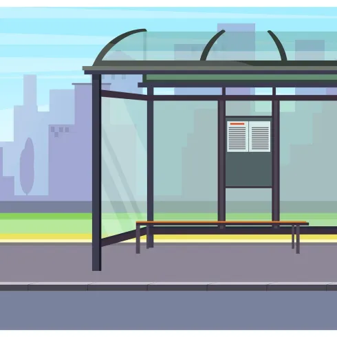 Eine moderne Bushaltestelle mit einem transparenten Dach und einer Bank. Im Hintergrund sind städtische Gebäude und ein Schild für öffentliche Verkehrsmittel zu sehen.