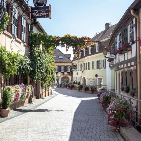 Eine charmante Gasse mit bunten Blumen und historischer Architektur. Die Sonne scheint auf die gepflasterte Straße und die schönen Gebäude.