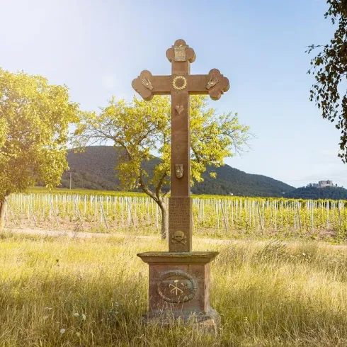 Ein Kreuz steht in einem Feld mit Weinreben im Hintergrund. Die Szenerie ist von sanftem Licht und grünen Bäumen umgeben.