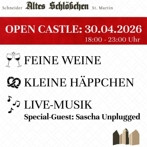 Ein Plakat für eine Veranstaltung im Alten Schlößchen in St. Martin. Es zeigt Informationen über Wein, kleine Häppchen und Live-Musik am 30. April 2026.
