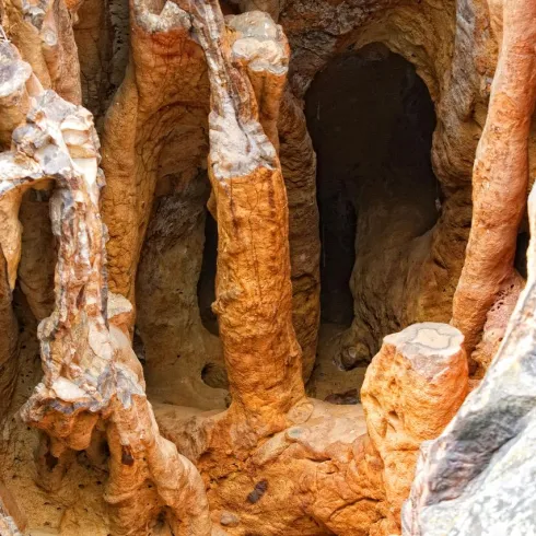 Eine beeindruckende Felsformation mit außergewöhnlichen, organischen Strukturen. Die Farben variieren von orange bis braun und verleihen der Szene eine natürliche Schönheit.