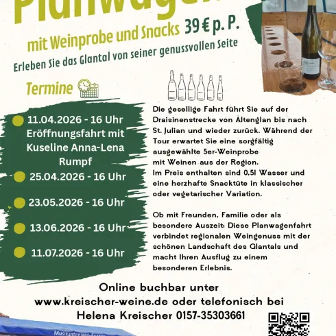 Ein Werbeplakat für eine Planwagenfahrt mit Weinprobe und Snacks. Es zeigt Informationen zu Terminen und Preisen sowie eine ansprechende Gestaltung.