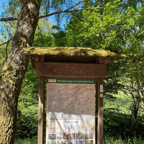 Ein Informationsschild über Wanderwege im Leiningerland steht in der Natur. Es ist von Bäumen umgeben und hat ein moosbedecktes Dach.