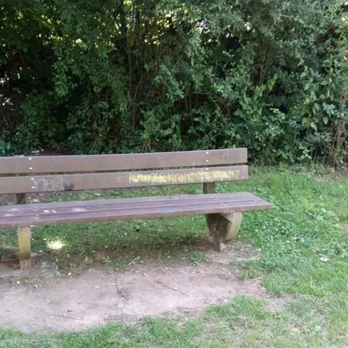 Eine Holzbank steht auf einem Rasenstück in einem Park. Neben der Bank befindet sich ein Mülleimer.