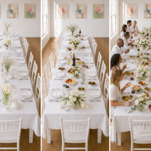 Ein elegantes, langes Tischarrangement mit weißen Tischdecken und floralen Dekorationen. Eine Gruppe von Menschen in Weiß genießt ein festliches Essen in einem hellen Raum.