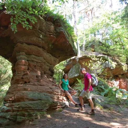 Zwei Wanderer erkunden eine Waldlandschaft mit beeindruckenden Felsen in Pilzform. Die Umgebung ist grün und sonnig, ideal für Outdoor-Aktivitäten.