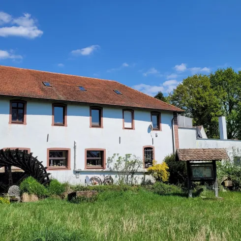 Aumühle Haßloch Hausfront mit Mühlenrad (© Tourist-Information Haßloch)