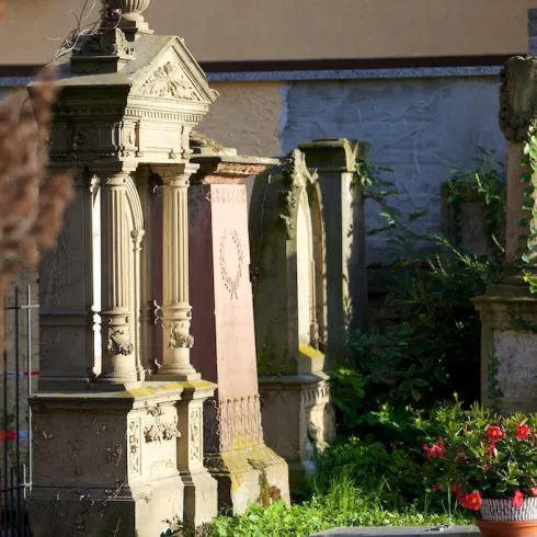 Ein ruhiger Friedhof mit historischen Gräbern und einer bunten Blume. Die Umgebung ist grün und gepflegt.