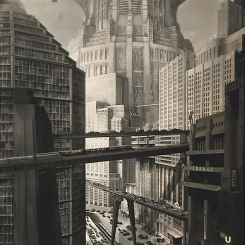 Eine futuristische Stadt mit hohen Gebäuden und einer komplexen Verkehrsinfrastruktur. Im Hintergrund ist eine beeindruckende Architektur sichtbar, während Autos auf mehreren Ebenen fahren.