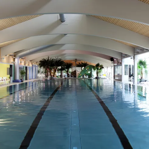 Ein großer Innenpool mit klaren Wasser und bequemen Liegen an der Seite. Grüne Pflanzen und helles Licht schaffen eine entspannte Atmosphäre.