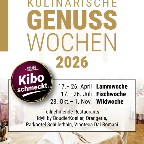 Ein Werbeplakat für die kulinarischen Genusswochen 2026. Es zeigt verschiedene Themenwochen mit Daten und teilnehmenden Restaurants.