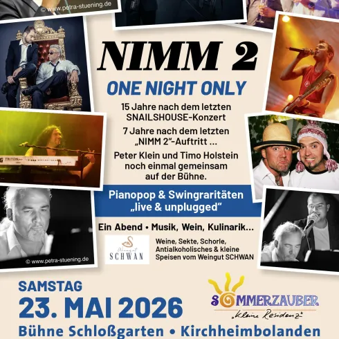 Ein Veranstaltungsplakat für ein einmaliges Konzert namens "NIMM 2". Es zeigt Informationen zu Datum, Uhrzeit und Ort sowie einen Hinweis auf Musik und kulinarische Angebote.