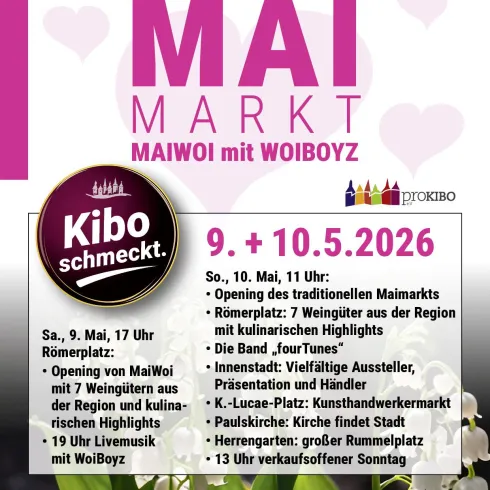 Ein Plakat für den Maivarkt mit Informationen über die Veranstaltung. Es werden verschiedene Aktivitäten und Highlights angekündigt, die am 9. und 10. Mai 2026 stattfinden.
