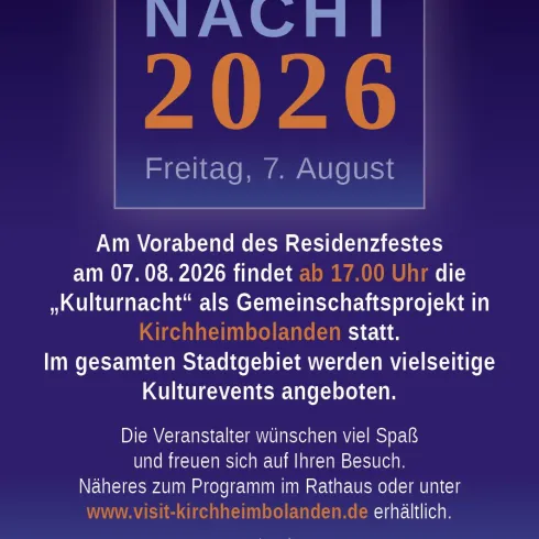 Das Bild beschreibt die "Kulturnacht 2026" in Kirchheimbolanden, die am 7. August stattfindet. Ab 17 Uhr werden im Stadtgebiet vielfältige Kulturveranstaltungen angeboten.