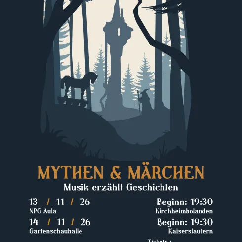 Ein Plakat für eine Veranstaltung mit dem Titel "Mythen & Märchen". Es zeigt einen mystischen Wald mit silbernen Baumsilhouetten und einem hohen Turm im Hintergrund.