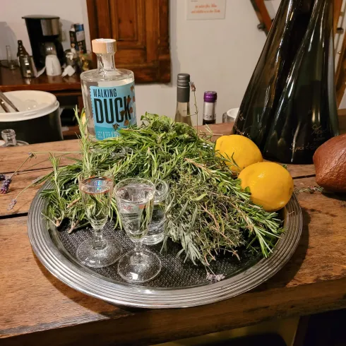 Ein silbernes Tablett mit frischen Kräutern, zwei Zitronen und zwei Gläsern. Im Hintergrund steht eine Flasche mit dem Label "Mellow Duck".