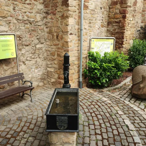 Ein kleiner Platz mit einer Steinmauer und einem Brunnen. Im Hintergrund sind grüne Pflanzen und eine Bank zu sehen.