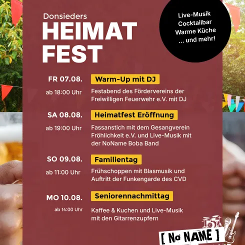 Ein Veranstaltungsposter für das Donsieders Heimatfest. Es zeigt verschiedene Programmpunkte, darunter Live-Musik, DJ und kulinarische Angebote.