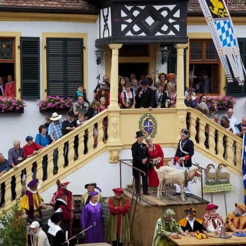 Eine festliche Versammlung vor einem historischen Gebäude mit zahlreichen Menschen in traditionellen Kostümen. Auf der Treppe steht ein Mann mit einer Ziege, während eine Gruppe von Zuschauern zuschaut.