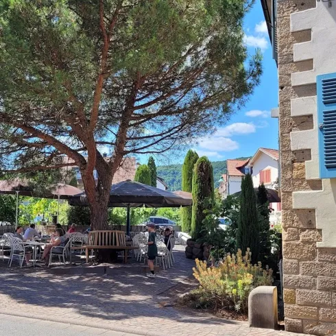 Ein gemütliches Café mit blauen Fensterläden und einem großen Baum im Vordergrund. Im Hintergrund sitzen Menschen im Freien und genießen die Sonne.