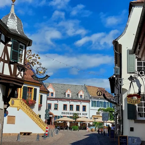 Eine malerische Straße mit traditionellen Fachwerkhäusern und hübschen Schildern. Im Hintergrund ist ein einladendes Restaurant sichtbar.
