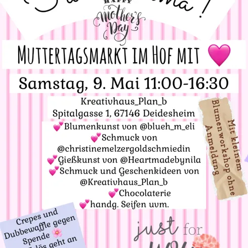Ein farbenfrohes Plakat für einen Muttertagsmarkt mit verschiedenen Angeboten. Der Markt findet am 9. Mai in Deidesheim statt und bietet Schmuck, Blumen und Leckereien.