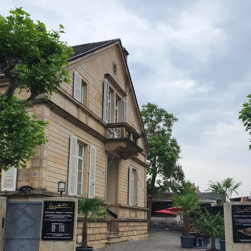 Ein schönes, historisches Gebäude mit einer hellen Fassade. Umgeben von Bäumen und einer einladenden Außenanlage.