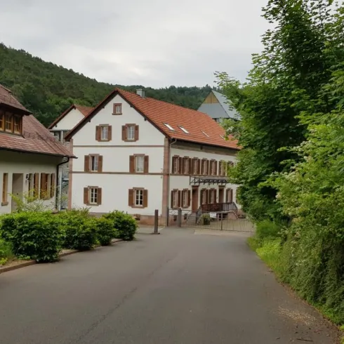 Eine malerische Straße mit traditionellen Gebäuden und viel Grün. Im Hintergrund sind Hügel zu sehen, die die ruhige Atmosphäre der Umgebung unterstreichen.
