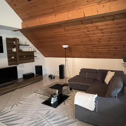 Ein gemütliches Wohnzimmer mit einer Couch und einem Fernseher. Die Holzwände und der Teppich verleihen dem Raum eine warme Atmosphäre.