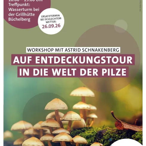 Ein Plakat für einen Pilz-Workshop mit Bildern von verschiedenen Pilzen. Informationen zum Datum und zur Anmeldung sind ebenfalls vorhanden.