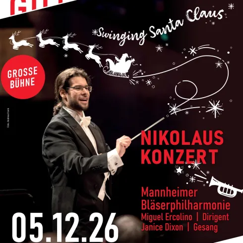 Ein Plakat für ein Nikolauskonzert in der Festhalle Wörth am Rhein. Es zeigt einen Dirigenten und Informationen zu den Künstlern sowie dem Datum der Veranstaltung.