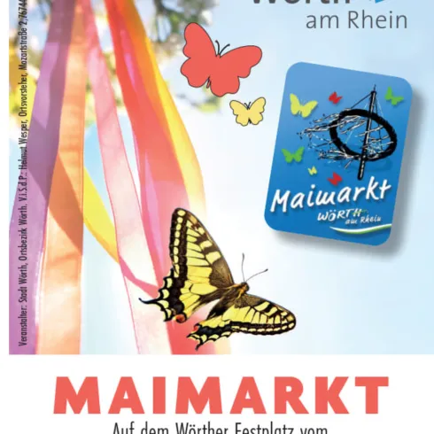 Plakat für den Maimarkt in Wörth mit abgebildeten Schmetterlingen.