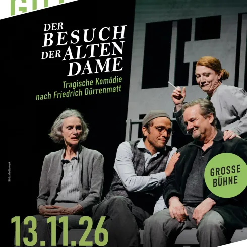Ein Theaterplakat für das Stück "Der Besuch der alten Dame" von Friedrich Dürrenmatt. Das Datum der Aufführung ist der 13. November 2026 in der Festhalle Wörth am Rhein.