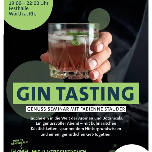 Ein Plakat für ein Gin Tasting Seminar mit einer Hand, die ein Getränk hält. Der Text informiert über das Event am 08.05.26, inklusive Details zur Veranstaltung und Anmeldung.